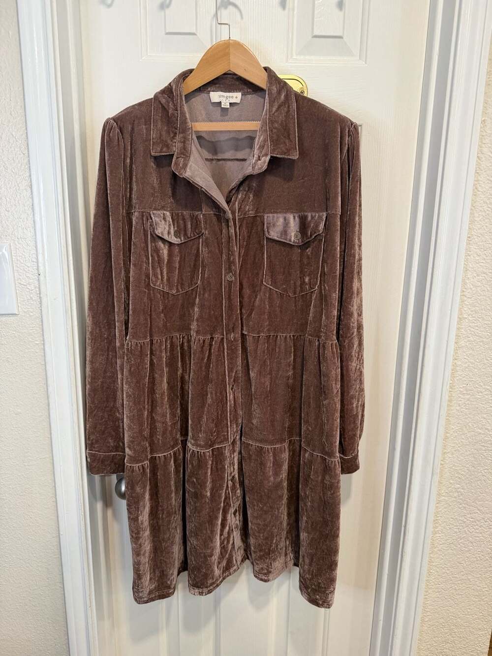 Umgee Womens XL Brown Velvet Shirt Dress Tiered Button Front Boho Cottagecore